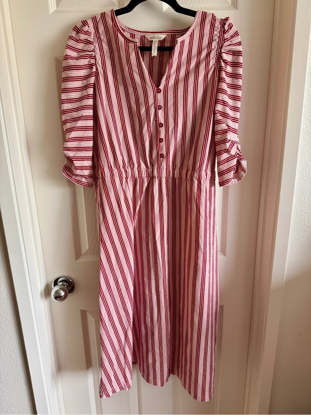 Matilda Jane Red Pink Striped Midi Dress Ruffle Sleeves